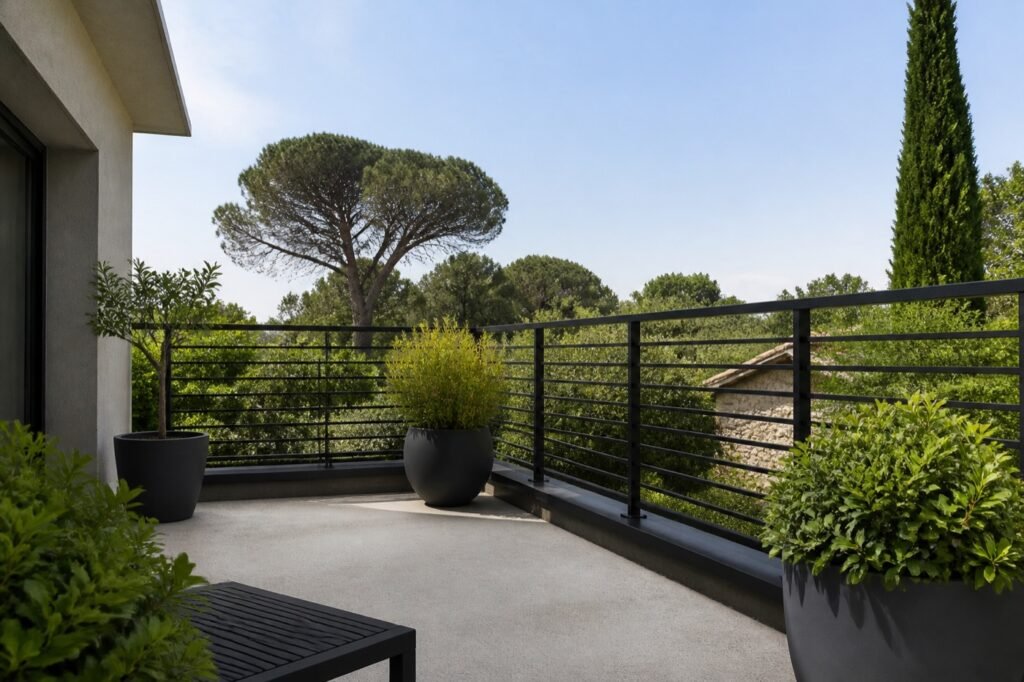 Garde-corps en aluminium noir à lames horizontales sur une terrasse