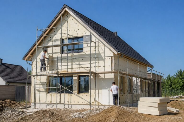 Maison neuve en construction avec pose de panneaux d'isolation sur les murs extérieurs