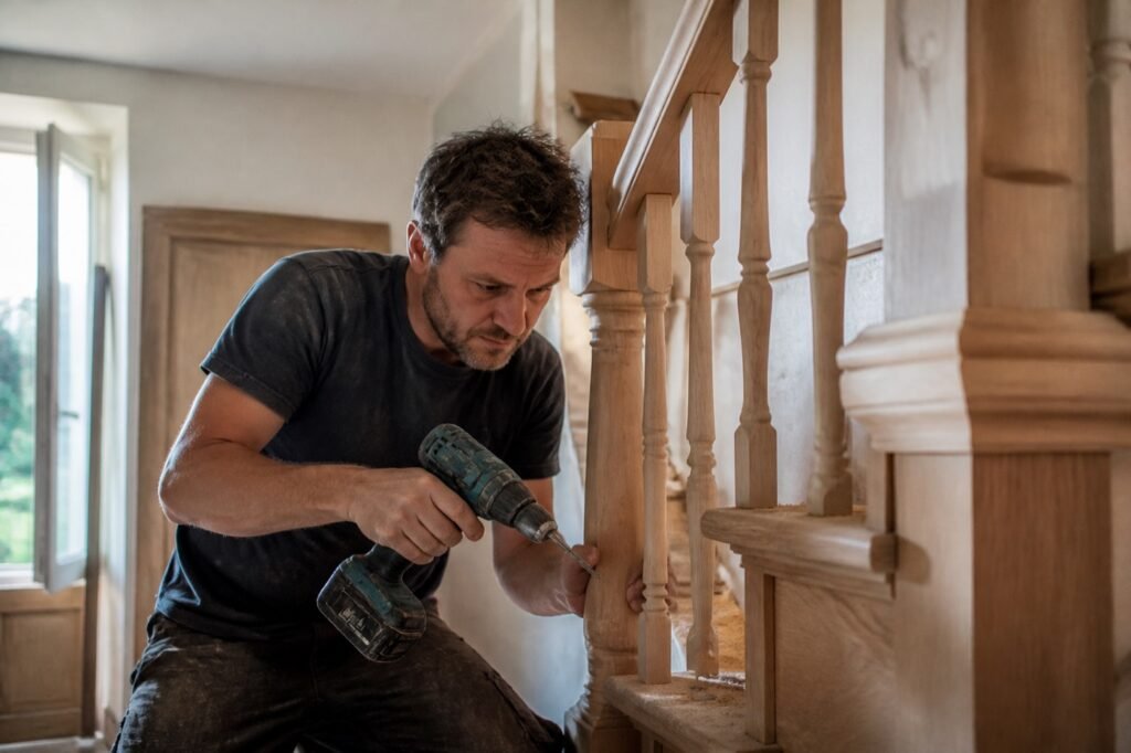 Menuisier fixant un balustre d'escalier en bois à la perceuse