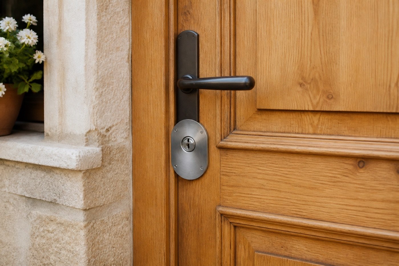 Porte d'entrée en bois équipée d'une serrure multipoint et d'une protection de cylindre