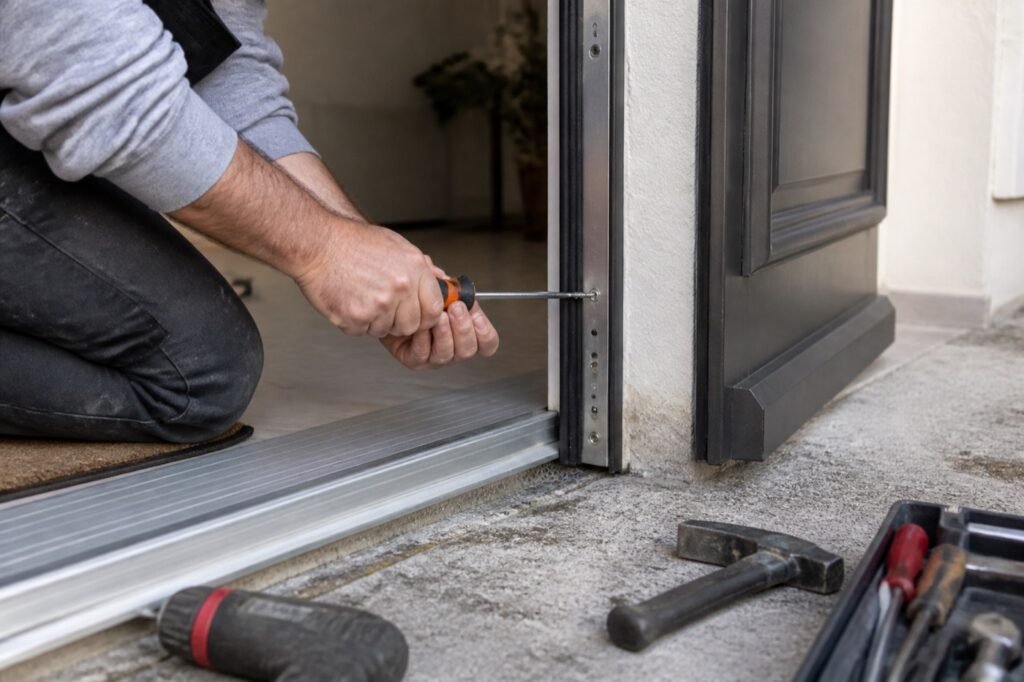 Pose d'une cornière anti-pince sur le chant d'une porte d'appartement