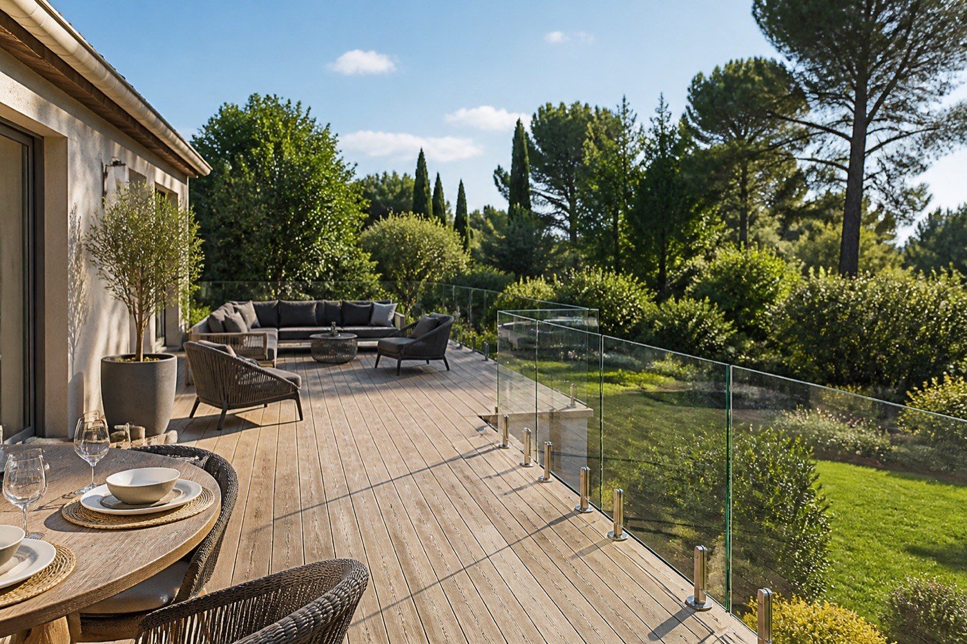Terrasse en bois avec garde-corps en verre donnant sur un jardin