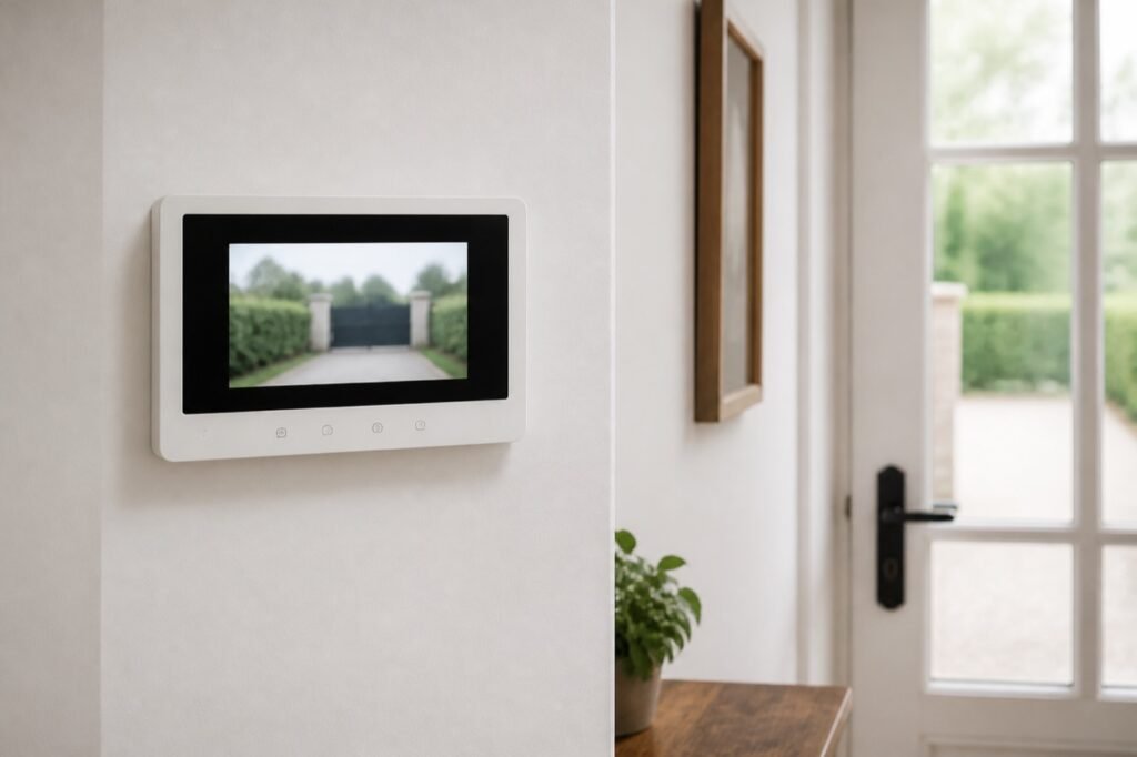 Écran intérieur d'un visiophone sans fil fixé au mur de l'entrée