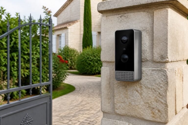 Platine de rue d'un visiophone sans fil fixée sur le pilier du portail d'une maison