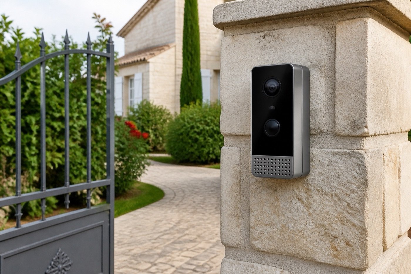 Platine de rue d'un visiophone sans fil fixée sur le pilier du portail d'une maison