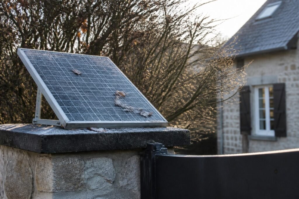 Petit panneau solaire de motorisation de portail fixé sur un pilier, par une journée d'hiver grise
