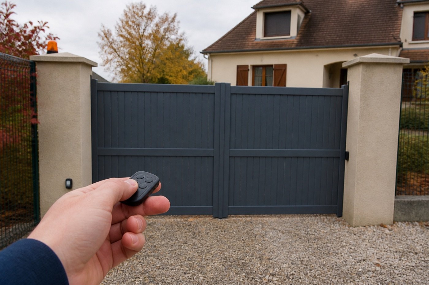 Portail battant motorisé fermé devant une maison, une main tenant une petite télécommande au premier plan