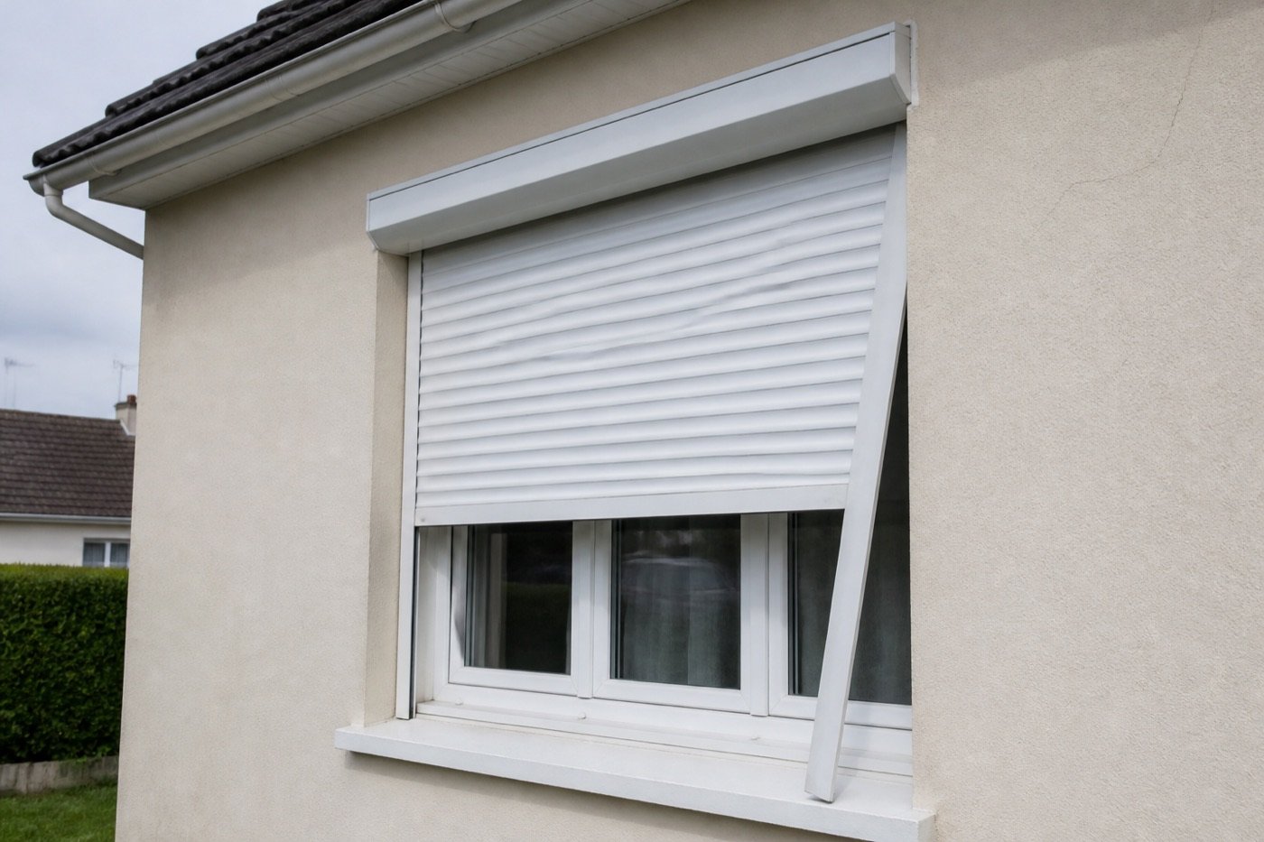 Volet roulant électrique blanc arrêté à mi-hauteur devant une fenêtre de maison